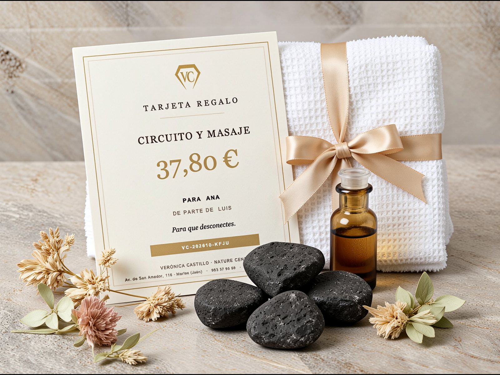 Tarjeta regalo de Verónica Castillo junto a una toalla con lazo y piedras de spa